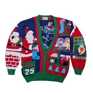 VTG Traditional Trading Hand Knit Cardigan Christmas Sweater Santa Reindeer S